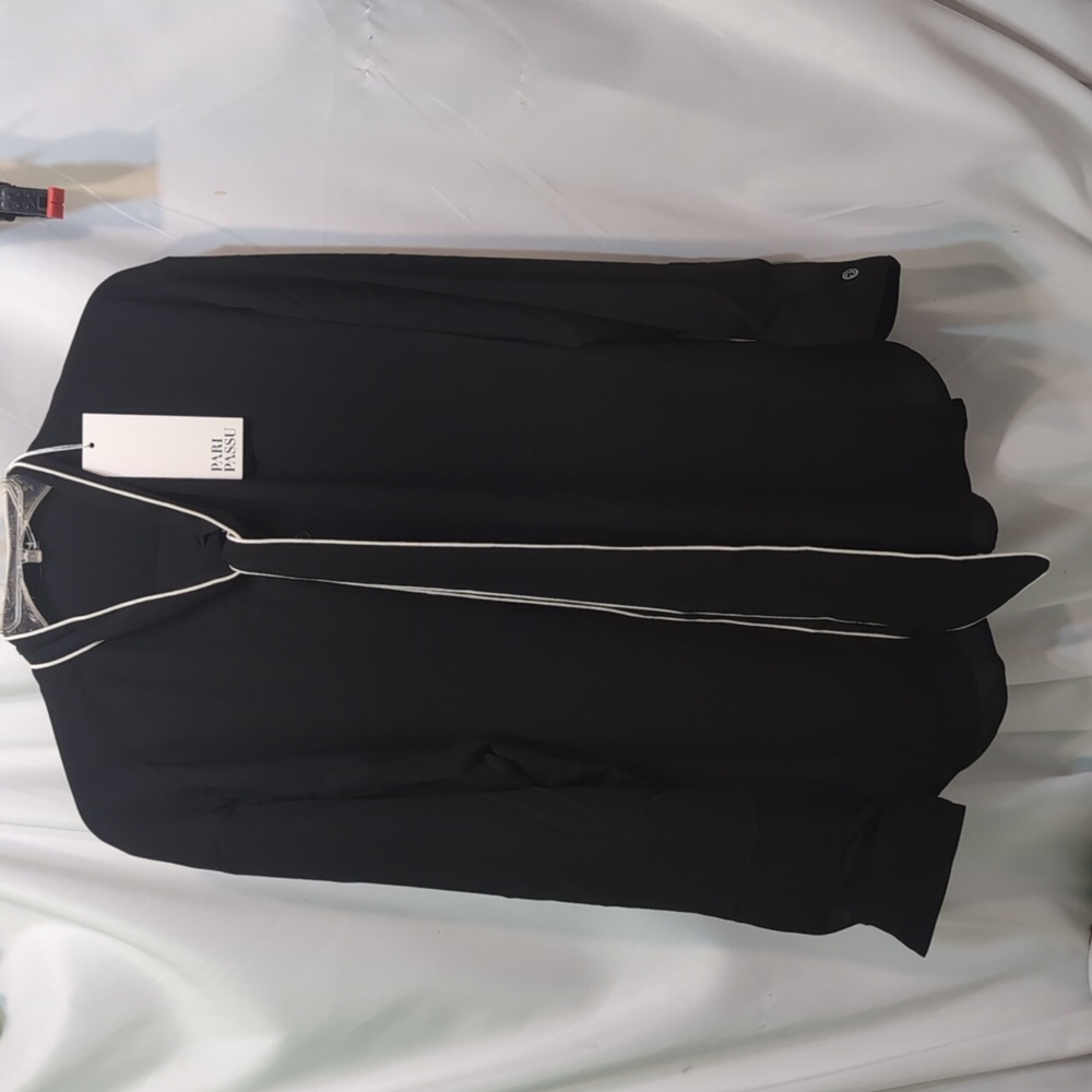 Pari Passu Pauline Bow Blouse Black Button Down with White Trim Size 16 NWT